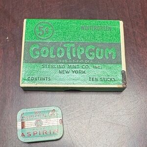 VIntage GoldTipGum Wintergreen Paper Box, Laymon"s 5 cent Asprin Metal Tin